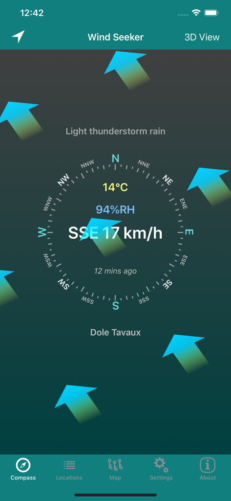 Wind Seeker - Compass view of the Wind Seeker app showing local wind speed, direction, and humidity readings.