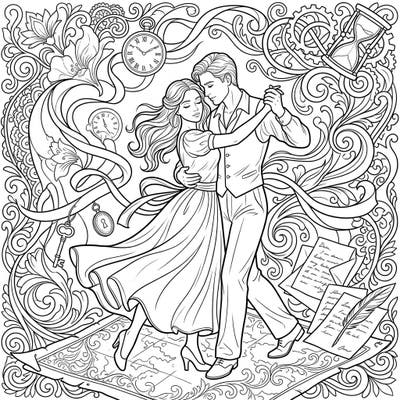Rekindle cherished moments with this captivating Memory and Nostalgia coloring page, featuring a graceful couple dancing amidst symbols of time and remembrance. Dive into an intricate world of vintage charm, perfect for a relaxing and reflective coloring experience.