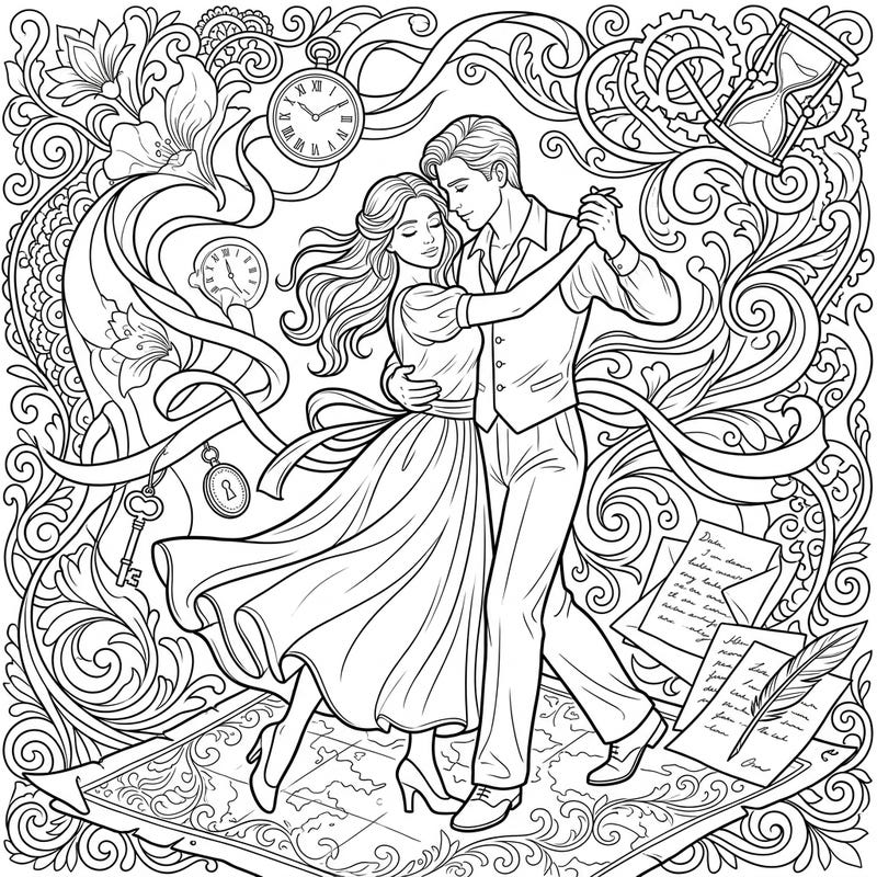Rekindle cherished moments with this captivating Memory and Nostalgia coloring page, featuring a graceful couple dancing amidst symbols of time and remembrance. Dive into an intricate world of vintage charm, perfect for a relaxing and reflective coloring experience.