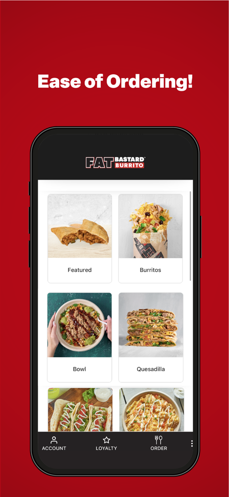 FAT BASTARD - Interfaz de la aplicación móvil Fat Bastard Burrito que muestra categorías de menú para burritos, bowls y quesadillas