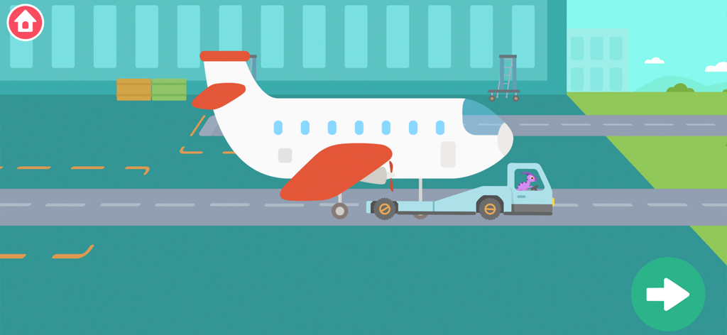 Un dinosaure violet conduisant un chariot de service au sol pour déplacer un avion blanc dans un aéroport de dessin animé.