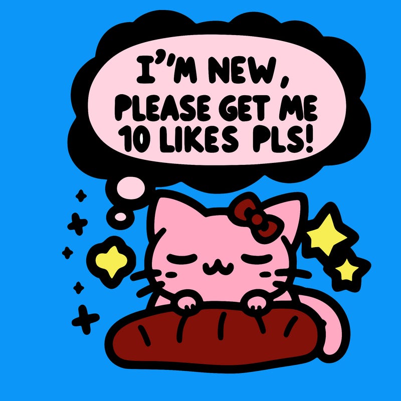 kitty taking a nap dream talking and saying "i'm new, please get me at least 10 likes pls!!"