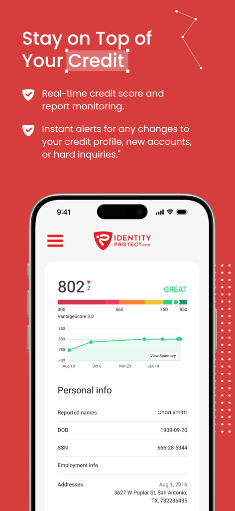 IdentityProtect.com - IdentityProtect mobile app interface displaying a high credit score and historical progress graph.