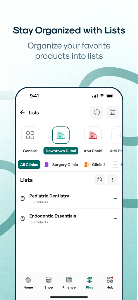 Interfaccia dell'app Toothpick che mostra elenchi di prodotti organizzati per odontoiatria pediatrica ed endodonzia in diverse sedi cliniche