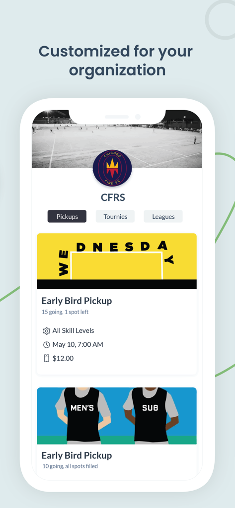 OpenSports mobile app screen showing a custom sports organization profile with pickup game listings and RSVP details