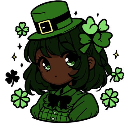a manga-style girl with clovers around her, a little hat in her hair, like it's saint patrick's day