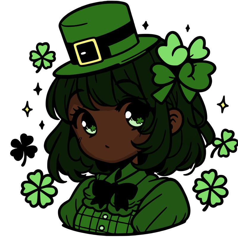 a manga-style girl with clovers around her, a little hat in her hair, like it's saint patrick's day