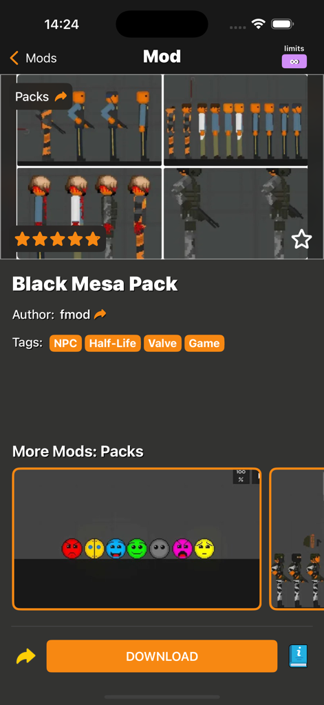 Fruit Mods for Fruit PG! - Preview of the Black Mesa Pack characters on the Fruit Mods app detail screen with a download button.
