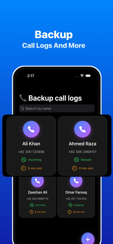 Phone lD CaIIer - Benutzeroberfläche der Phone ID Caller-App, die eine Liste gesicherter Anrufprotokolle mit Kontaktnamen und Gesprächsdauern anzeigt.