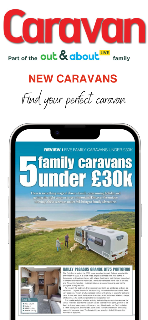Caravan Magazine - Caravan Magazine app showing a review article titled 5 family caravans under 30k on a smartphone screen