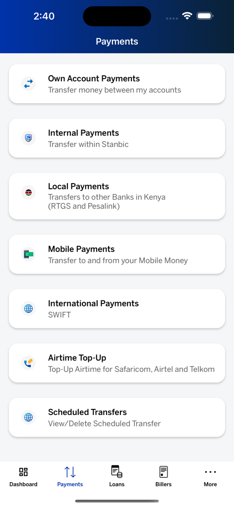 Stanbic Bank Kenya - Payments screen in the Stanbic Bank Kenya app showing options for local transfers mobile money and international payments