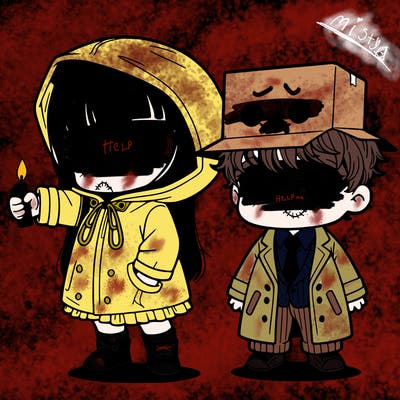 a short litter girl with a raincoat and her hair covering her eyes and she has a lighter in her hand and she has a friend he has a coat and pants with a paper box on his head and tiny holes in the paper box so he can see