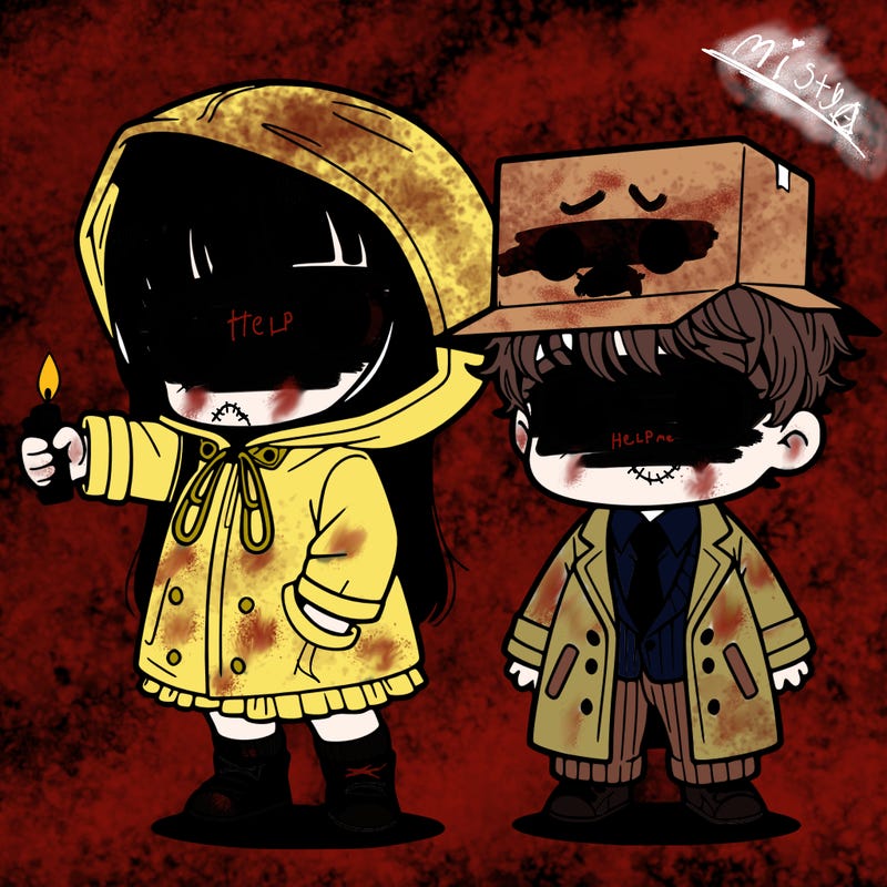 a short litter girl with a raincoat and her hair covering her eyes and she has a lighter in her hand and she has a friend he has a coat and pants with a paper box on his head and tiny holes in the paper box so he can see