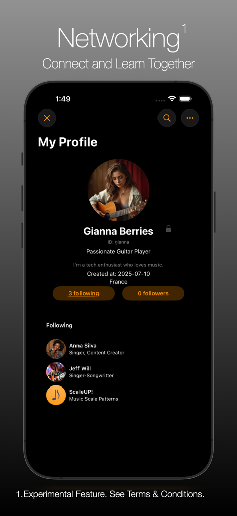 Scale-Up! - A user profile page in the Scale-Up music app showing social networking features and followed musicians