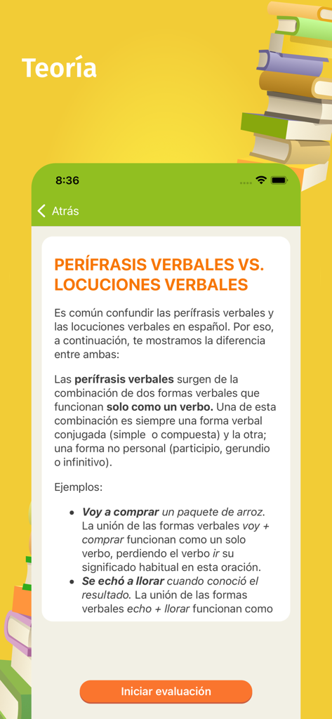 Pantalla educativa que muestra una lección de teoría gramatical sobre perífrasis verbales en español.