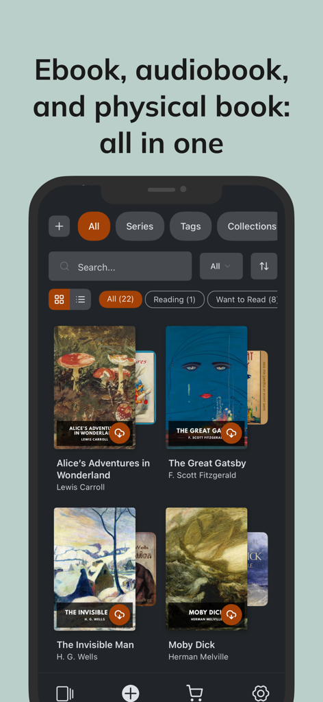 Tribooks mobile app interface showing a book library with ebook and audiobook synchronization for classic titles