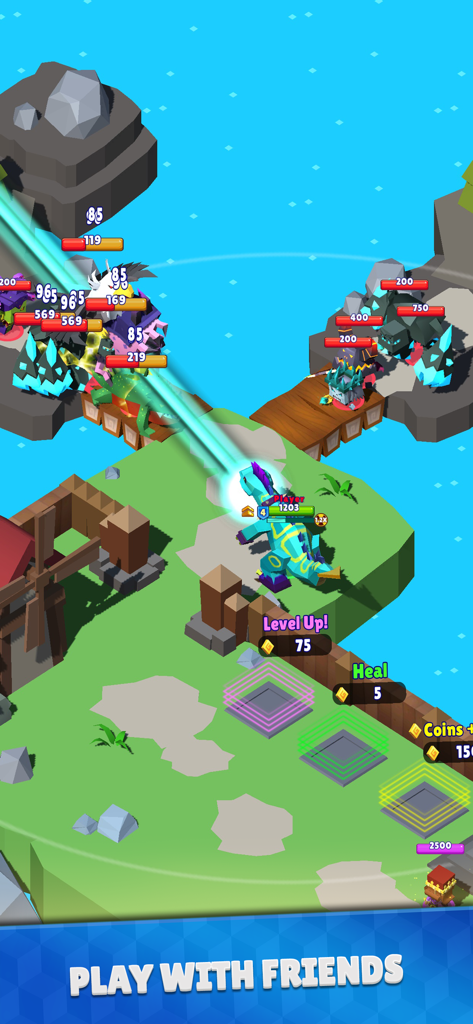 Hunt Royale: Action RPG Battle - Hunt Royale voxel action RPG gameplay showing a character attacking monsters with a beam of light and a play with friends caption