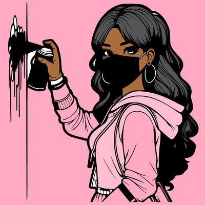 realistic girl with mask spray painting a wall