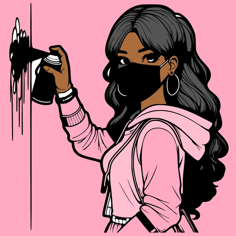 realistic girl with mask spray painting a wall