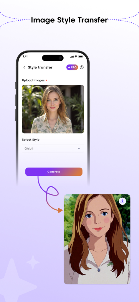 Voops AI:Image & Video Creator - Interfaz de la aplicación Voops AI que demuestra la transferencia de estilo de imagen convirtiendo un retrato realista en un personaje de anime estilo Ghibli.
