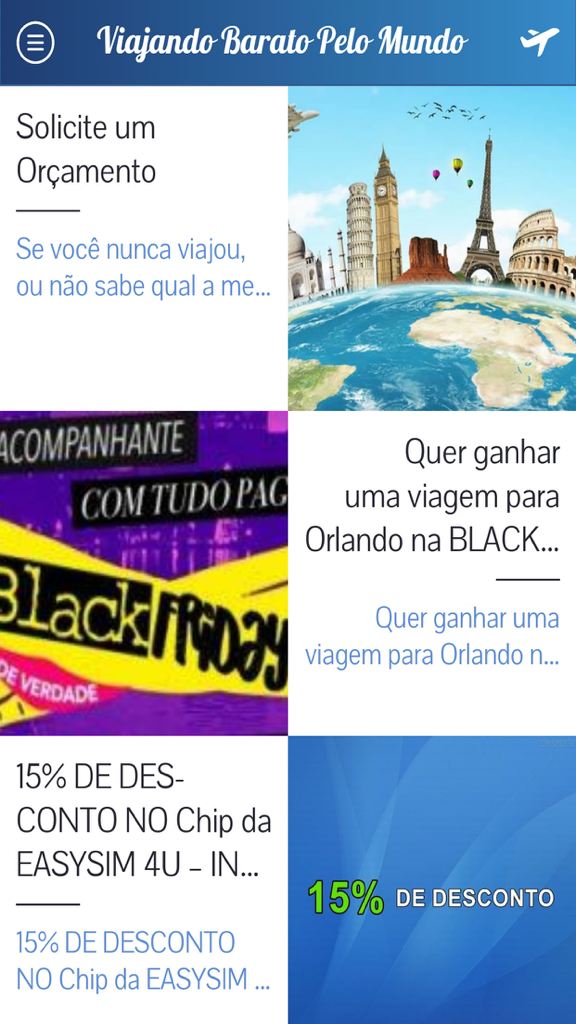 Viajando Barato Pelo Mundo - 올랜도 및 세계 랜드마크 일러스트레이션에 대한 여행 특가를 보여주는 Viajando Barato Pelo Mundo 앱의 인터페이스