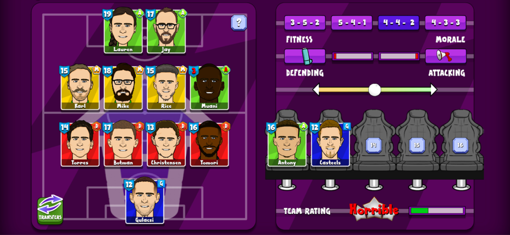 442oons Football Manager - Team management screen in 442oons Football Manager featuring caricature player cards and tactical options.
