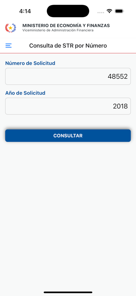 MEF Consultas - Pantalla de la aplicación MEF Consultas para consultar Solicitudes de Transferencia por número de solicitud y año.