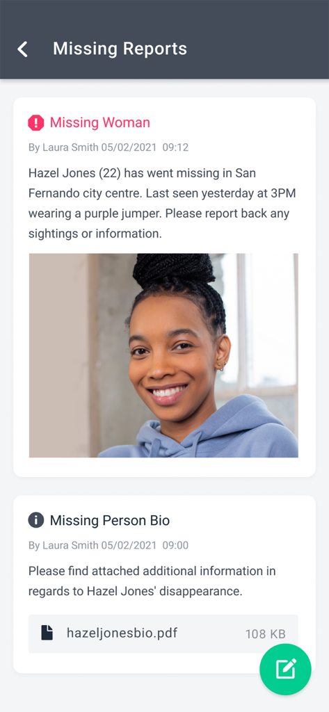 Secure incident reporting interface for a missing person alert in the SMART Comms app