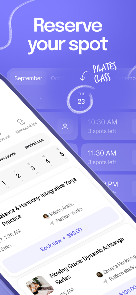 Smartphone screen of the Momence app showing a schedule of yoga and pilates classes available for reservation