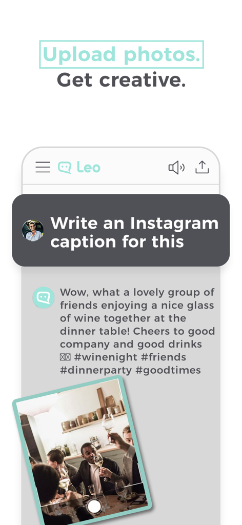Interfaccia dell'app Leo AI che mostra una didascalia di Instagram generata da un caricamento di foto.