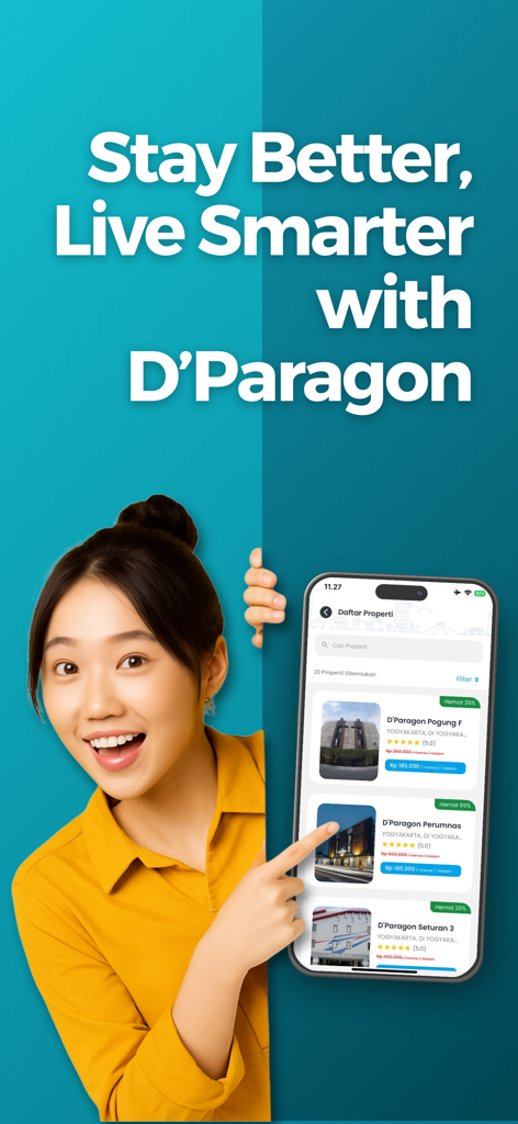 Une femme pointant du doigt un écran de smartphone montrant des annonces de logement dans l'application mobile DParagon