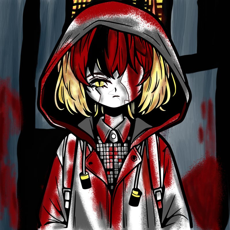 little anime girl in a raincoat her hair is covering her eyes she has a lighter