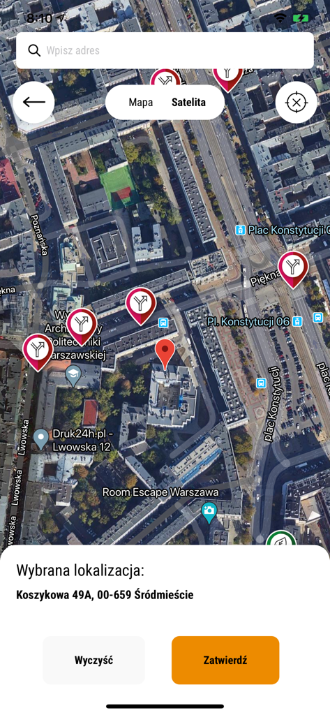 Warszawa 19115 - 바르샤바 19115 모바일 앱의 위성 지도 인터페이스, 도시 문제 보고를 위한 위치 선택에 사용