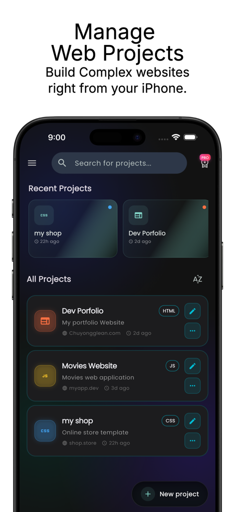 Web IDE: AI Code Editor - Tela do aplicativo Web IDE mostrando projetos web recentes e todos com botões de edição no iPhone
