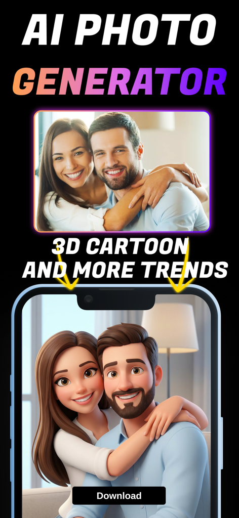 PixVerse AI 사진 생성기를 사용하여 실제 커플 사진을 3D 만화 스타일로 변환하는 것을 보여주는 비교.