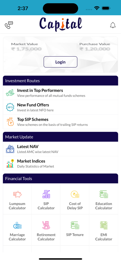 Capital Investment - Panel de la aplicación Capital Investment que muestra rutas de inversión y calculadoras financieras para inversores NRI