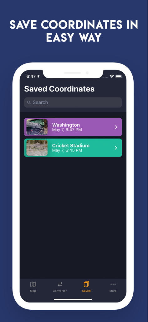 saved coordinates list showing washington and cricket stadium locations