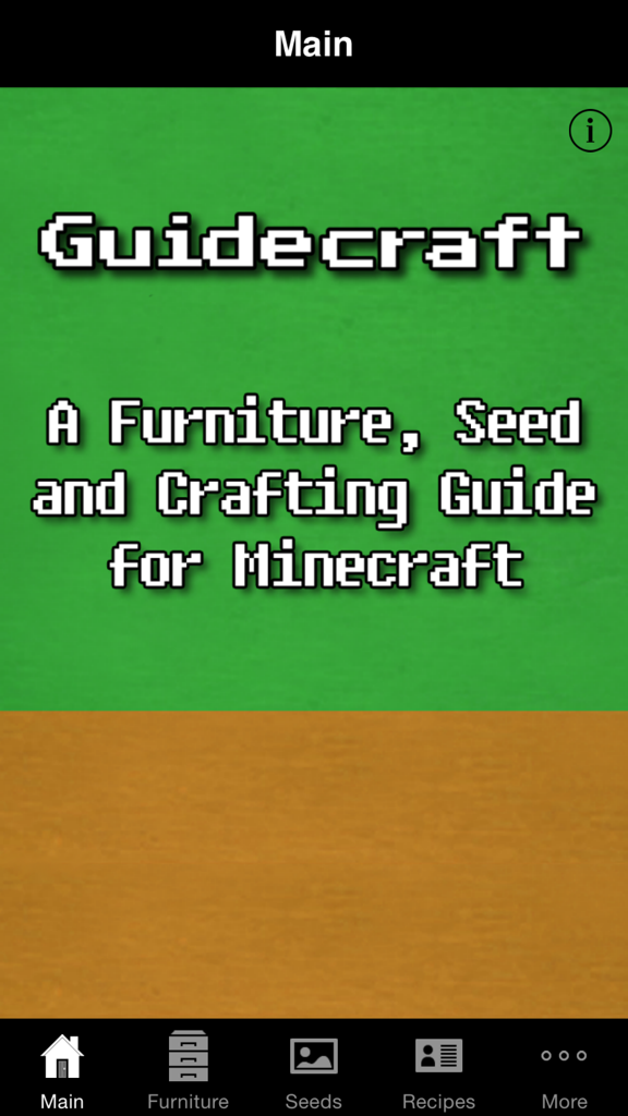 Écran d'accueil de l'application Guidecraft pour Minecraft avec des guides de fabrication et des graines de meubles