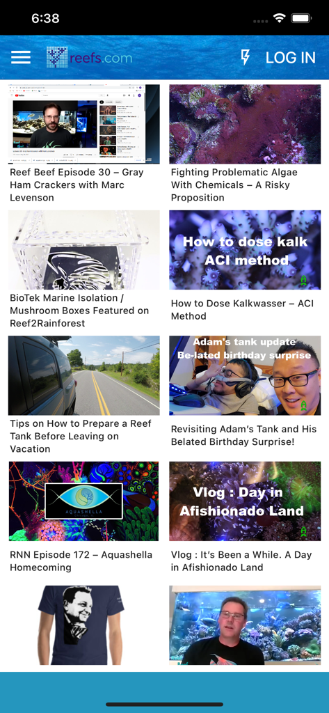 Reefs - A mobile screen displaying a feed of reef aquarium articles and videos on the Reefs app