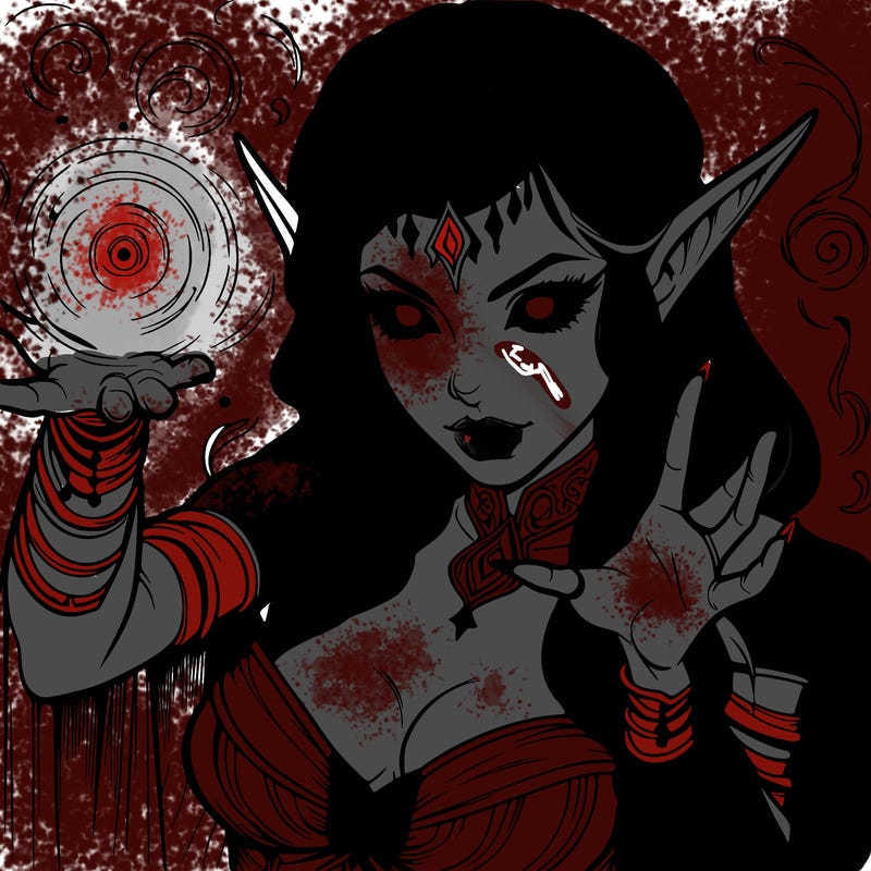 realistic scary beautiful elf sorceress casting spell