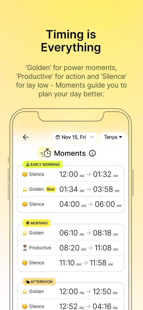 align27 app screen showing daily time management moments labeled as Golden Productive and Silence for personalized planning