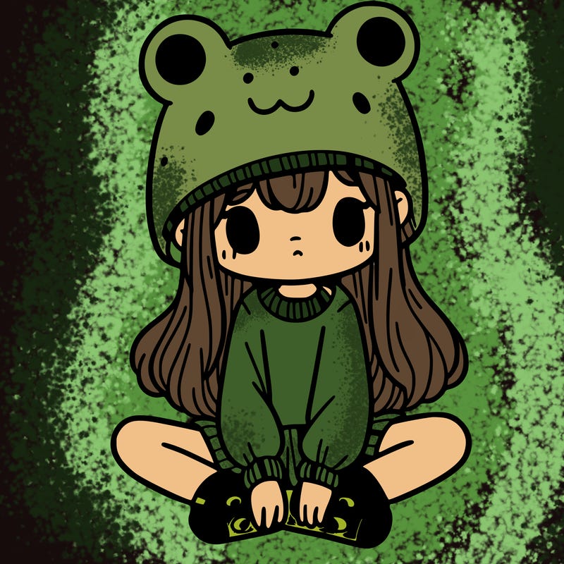 a girl wearing a frog hat and some frog socks