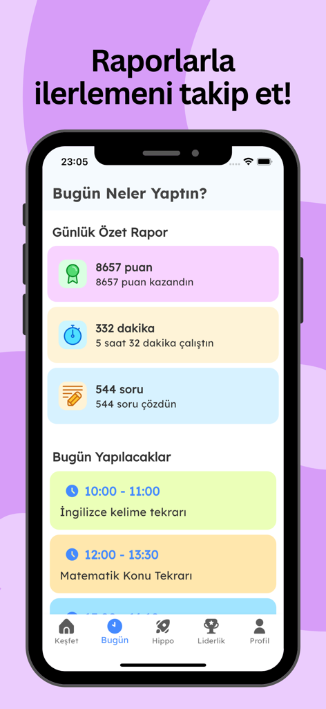 A screenshot of the Hippocampus LGS app's daily report screen displaying study time, points earned, questions solved, and a study schedule.