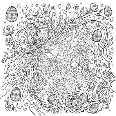 Dive into a unique coloring experience where the wonders of the universe meet the joy of Easter. This intricate page features the swirling Orion Nebula adorned with playful bunnies, decorated eggs, and spring blossoms, perfect for a creative escape.