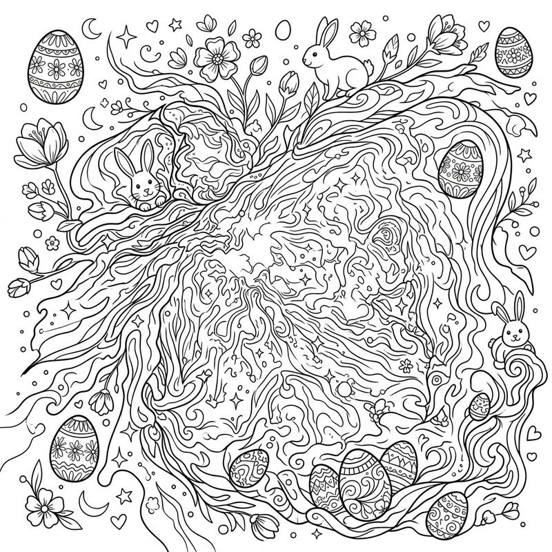 Dive into a unique coloring experience where the wonders of the universe meet the joy of Easter. This intricate page features the swirling Orion Nebula adorned with playful bunnies, decorated eggs, and spring blossoms, perfect for a creative escape.
