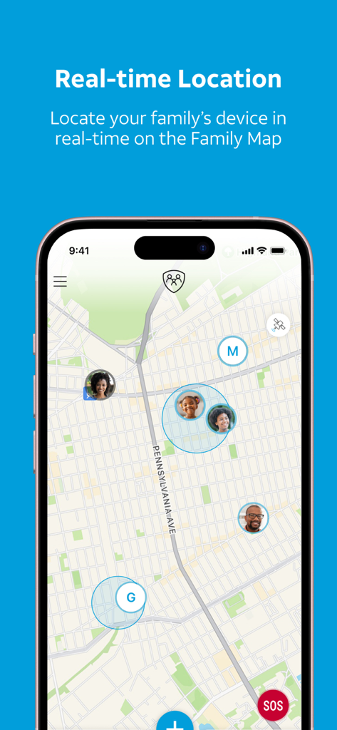 AT&T Secure Family® parent app - A smartphone screen showing the AT&T Secure Family app family map with real-time locations of family members.