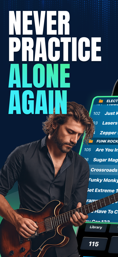 Drum Beats+ Rhythm Machine - A man playing an electric guitar with the Drum Beats Plus app interface showing various rhythm tracks