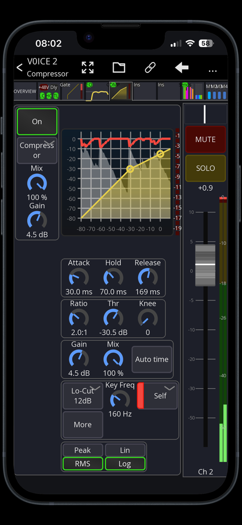 Digital mixer compressor settings interface on a mobile device showing audio gain and dynamics controls