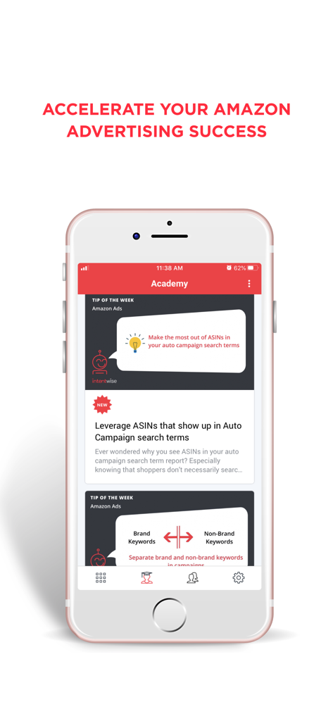 Intentwise - Intentwise app Academy screen displaying Amazon advertising tips and strategy guides.