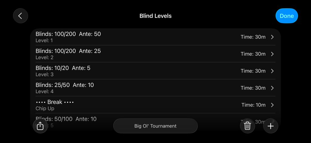 Setup screen for poker tournament blind levels showing blinds, antes, and time intervals.